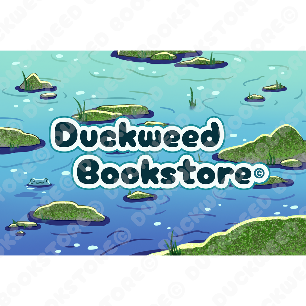 Postcard of a serene pond scattered with mossy rocks and aquatic vegetation. Towards the left is a small frog peeking up over the surface of the water. In the center, the text reads "Duckweed Bookstore©" in a bubbly font.  Designed by Spencer Marco for Duckweed Bookstore.