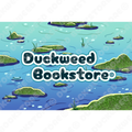 Postcard of a serene pond scattered with mossy rocks and aquatic vegetation. Towards the left is a small frog peeking up over the surface of the water. In the center, the text reads "Duckweed Bookstore©" in a bubbly font.  Designed by Spencer Marco for Duckweed Bookstore.
