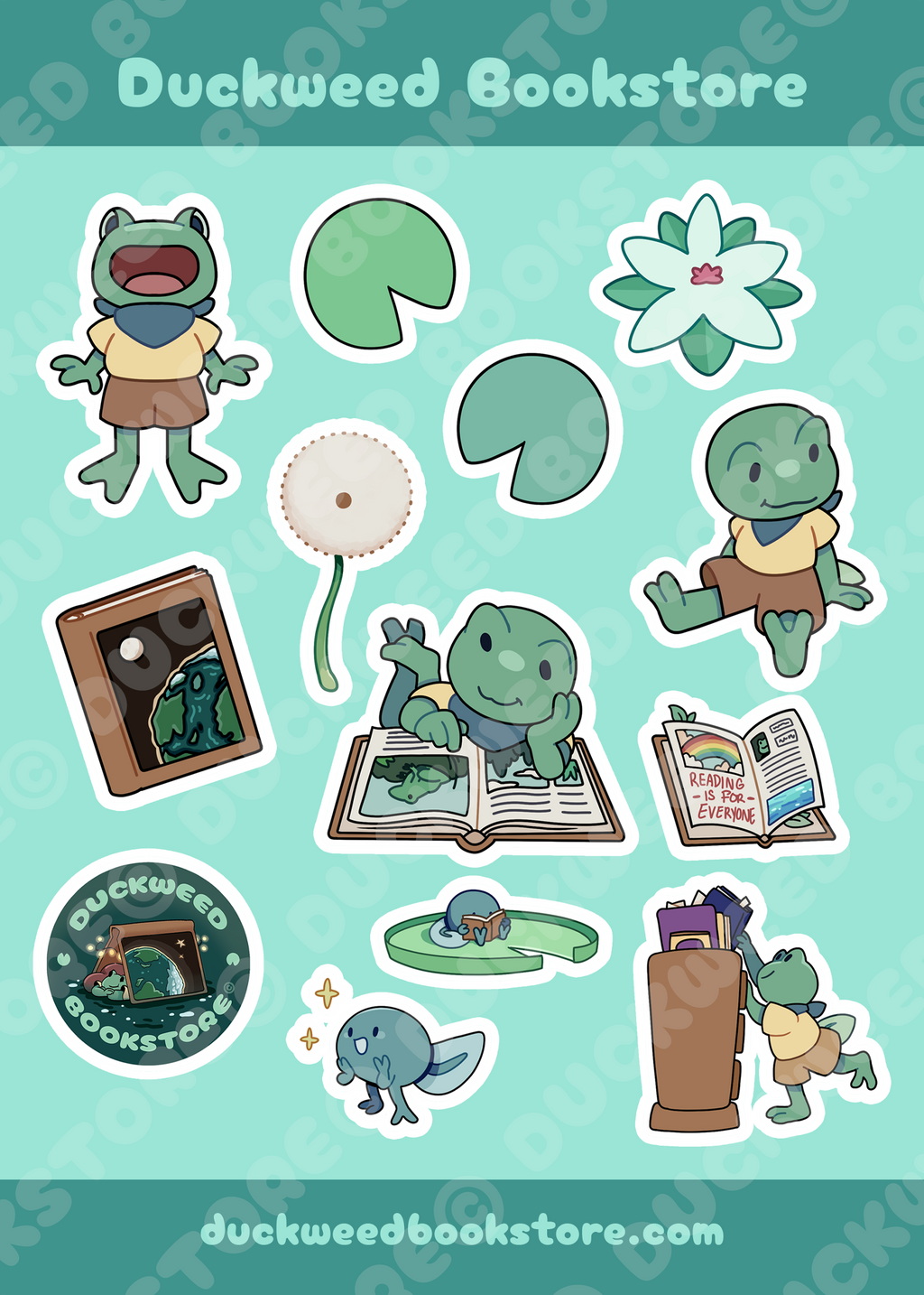 A sticker sheet with various stickers of Froglet -- wearing a blue bandana and yellow t-shirt tucked in to their light brown shorts; a bluish-green tadpole with tiny legs and arms; a circular sticker of the Duckweed Bookstore logo; a thick, brown book with a full moon and the planet Earth depicted on the cover; an open book with a picture of a rainbow and the text "Reading is for Everyone"; two green and teal lilypads; a puffy white dandelion; and a pond lily. Designed by Spencer Marco, Duckweed Bookstore.