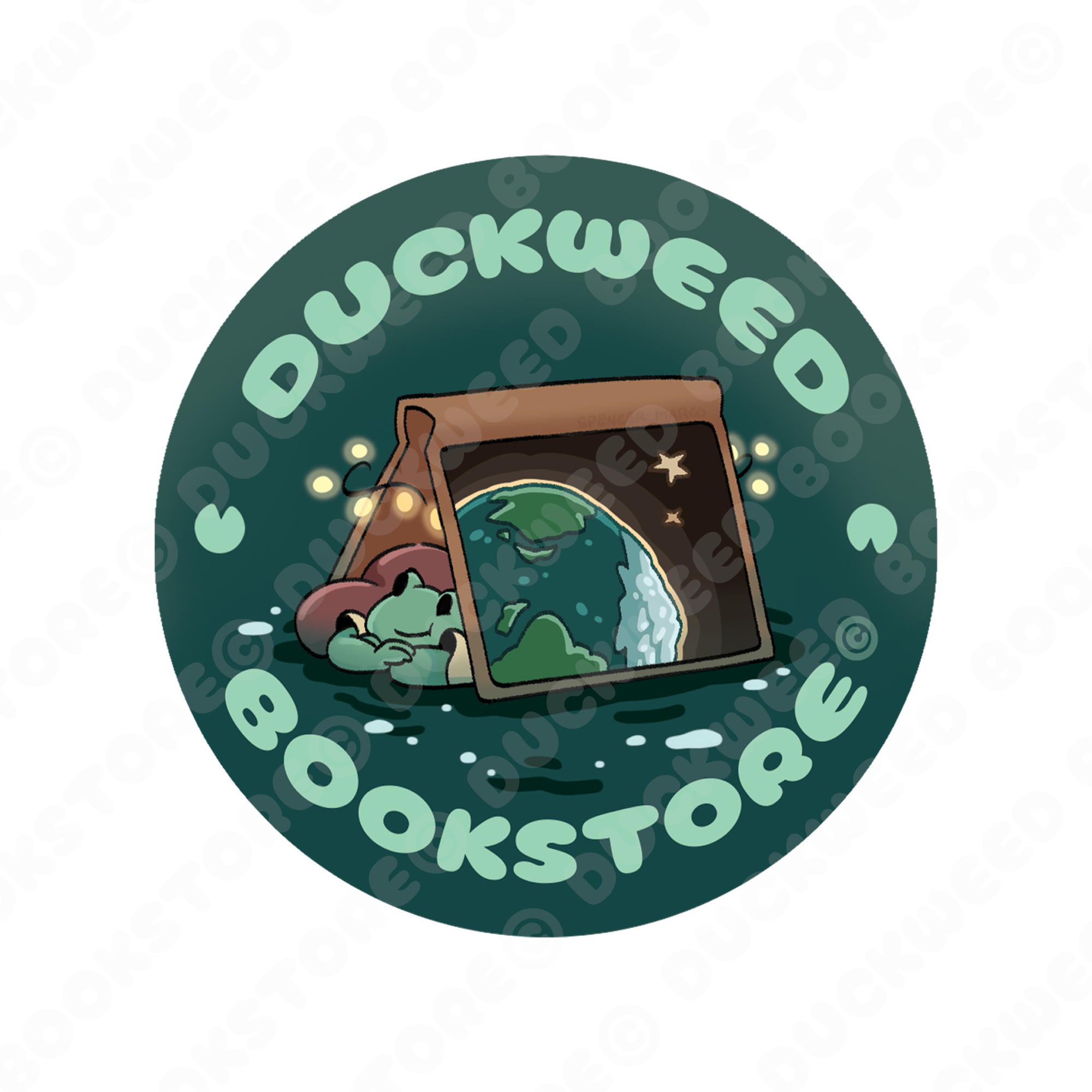 A circular sticker with the logo of Duckweed Bookstore: a greenish-blue swamp with a small frog wearing a yellow shirt laying beneath a large open book with a picture of the planet Earth on the cover. There are fairy lights strewn about the inside of the cover. The text is placed around the inside of the circular sticker and reads "Duckweed Bookstore©" with two small emblems between the words resembling lilypads.