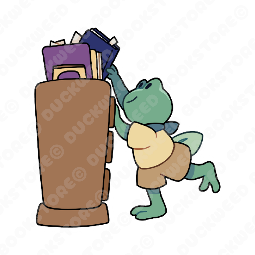 Sticker of a froglet balancing on one leg as they reach up to grab a blue book from the top of a bookshelf. They are wearing a blue bandana and yellow t-shirt that's been tucked in to their light brown shorts. Designed by Spencer Marco for Duckweed Bookstore.