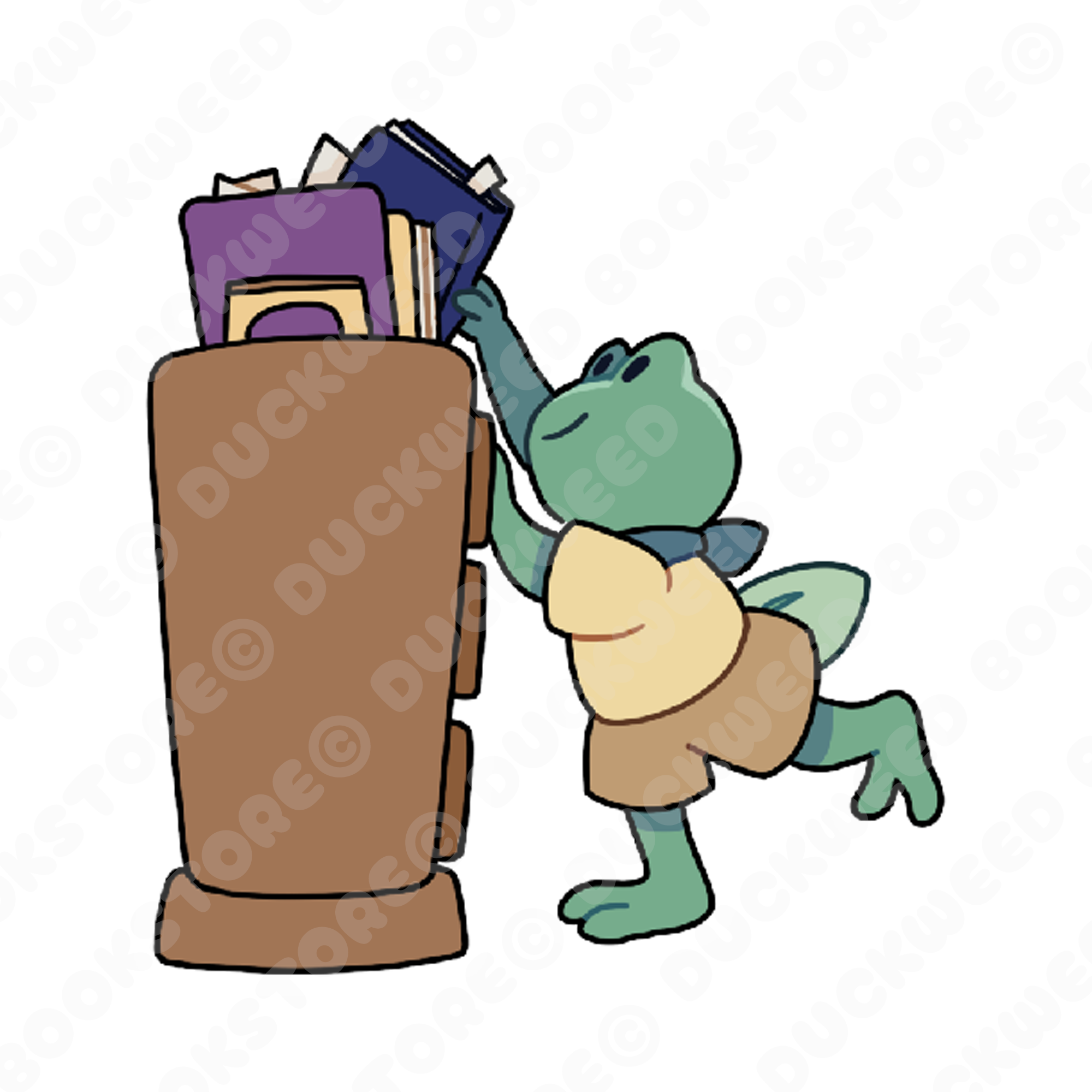 Sticker of a froglet balancing on one leg as they reach up to grab a blue book from the top of a bookshelf. They are wearing a blue bandana and yellow t-shirt that's been tucked in to their light brown shorts. Designed by Spencer Marco for Duckweed Bookstore.