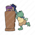 Sticker of a froglet balancing on one leg as they reach up to grab a blue book from the top of a bookshelf. They are wearing a blue bandana and yellow t-shirt that's been tucked in to their light brown shorts. Designed by Spencer Marco for Duckweed Bookstore.