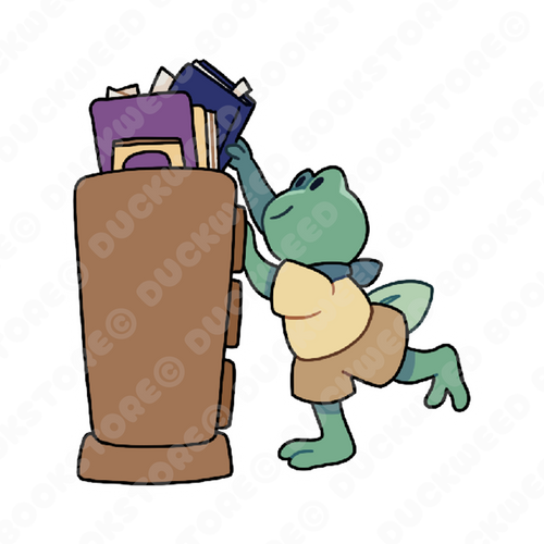 Sticker of a froglet balancing on one leg as they reach up to grab a blue book from the top of a bookshelf. They are wearing a blue bandana and yellow t-shirt that's been tucked in to their light brown shorts. Designed by Spencer Marco for Duckweed Bookstore.
