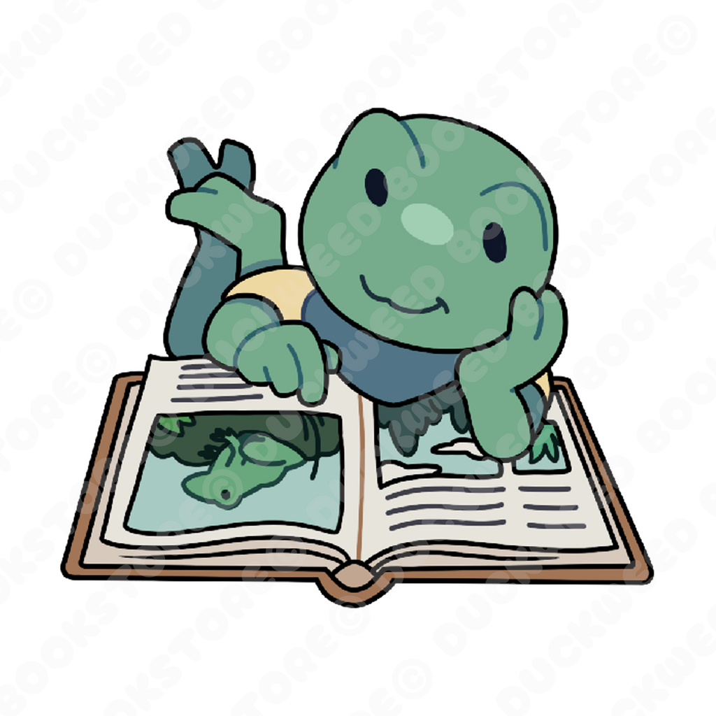 Sticker of a froglet lying on the floor and reading a large illustrated book depicting a frog and scenes of swampy vegetation. The froglet is wearing a blue bandana and a yellow t-shirt and is resting their head on the palm of their hand. Designed by Spencer Marco for Duckweed Bookstore.
