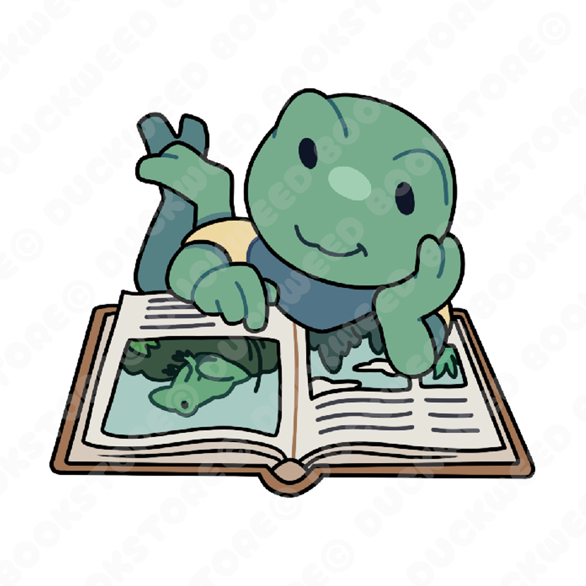 Sticker of a froglet lying on the floor and reading a large illustrated book depicting a frog and scenes of swampy vegetation. The froglet is wearing a blue bandana and a yellow t-shirt and is resting their head on the palm of their hand. Designed by Spencer Marco for Duckweed Bookstore.