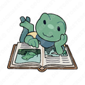 Sticker of a froglet lying on the floor and reading a large illustrated book depicting a frog and scenes of swampy vegetation. The froglet is wearing a blue bandana and a yellow t-shirt and is resting their head on the palm of their hand. Designed by Spencer Marco for Duckweed Bookstore.