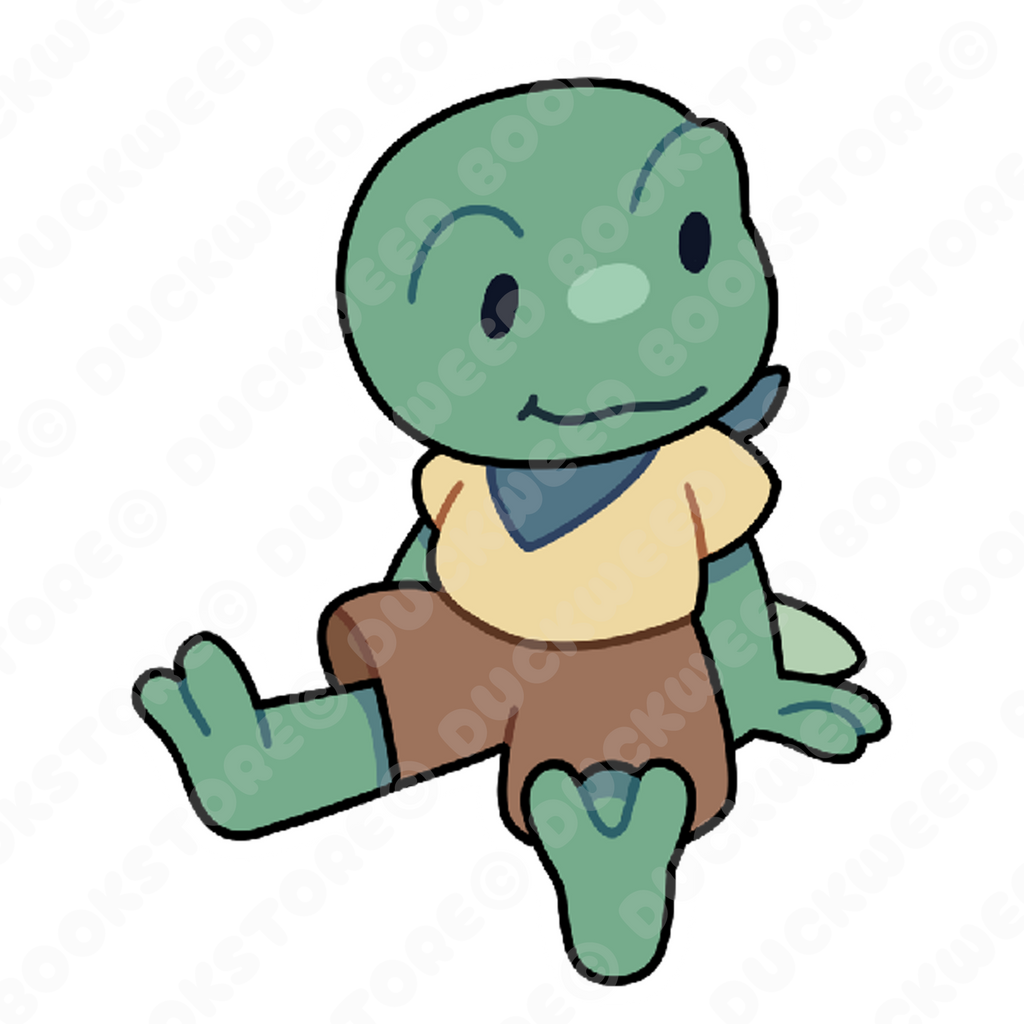 Sticker of a froglet sitting. They are wearing a blue bandana and yellow t-shirt that's been tucked in to their light brown shorts. Designed by Spencer Marco for Duckweed Bookstore.