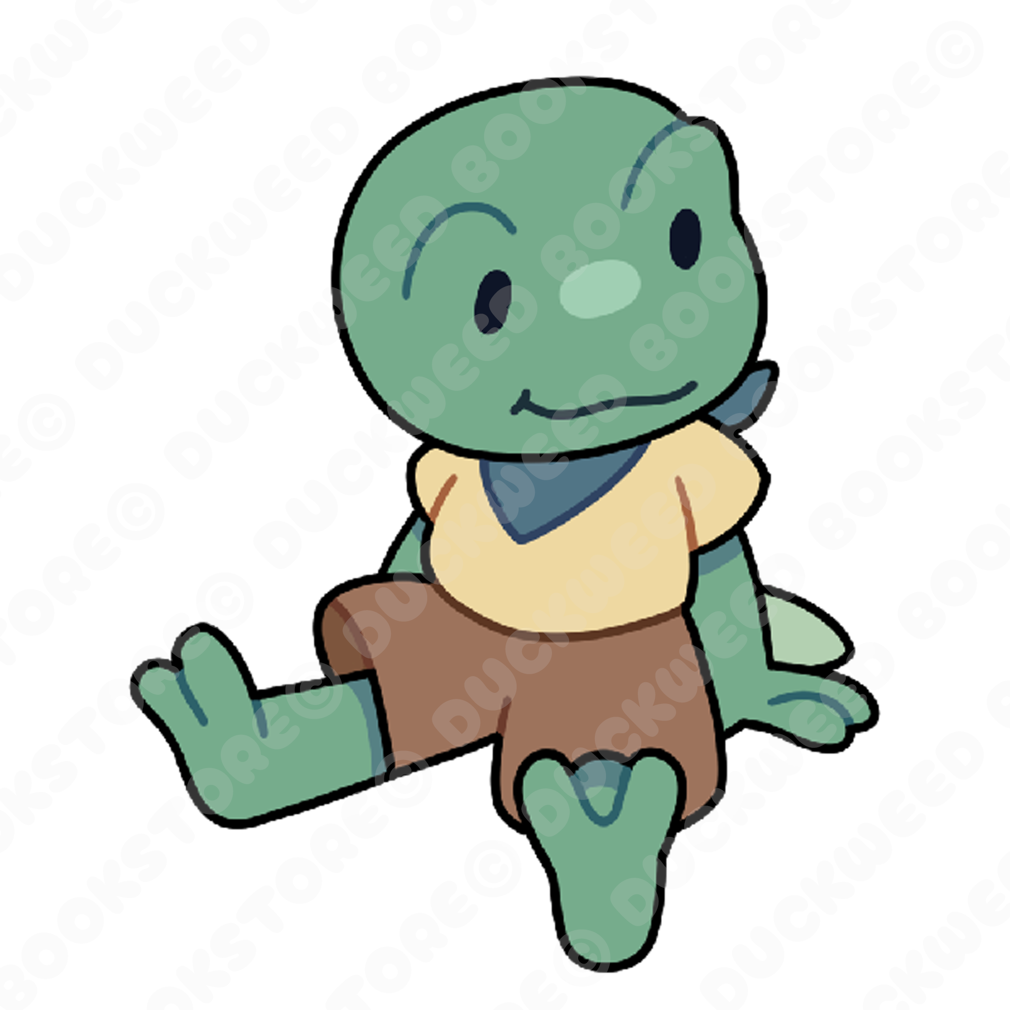 Sticker of a froglet sitting. They are wearing a blue bandana and yellow t-shirt that's been tucked in to their light brown shorts. Designed by Spencer Marco for Duckweed Bookstore.