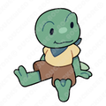 Sticker of a froglet sitting. They are wearing a blue bandana and yellow t-shirt that's been tucked in to their light brown shorts. Designed by Spencer Marco for Duckweed Bookstore.