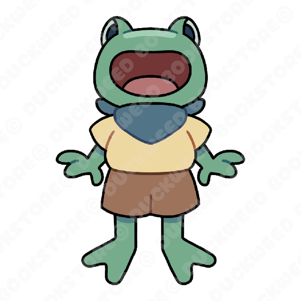 A sticker of a green froglet with an open-mouth smile, wearing a blue bandana and yellow t-shirt that's been tucked in to their light brown shorts. Designed by Spencer Marco for Duckweed Bookstore.