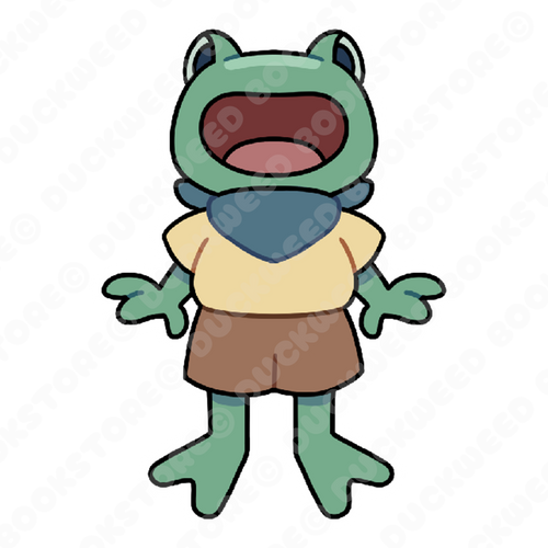 A sticker of a green froglet with an open-mouth smile, wearing a blue bandana and yellow t-shirt that's been tucked in to their light brown shorts. Designed by Spencer Marco for Duckweed Bookstore.