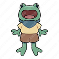 A sticker of a green froglet with an open-mouth smile, wearing a blue bandana and yellow t-shirt that's been tucked in to their light brown shorts. Designed by Spencer Marco for Duckweed Bookstore.