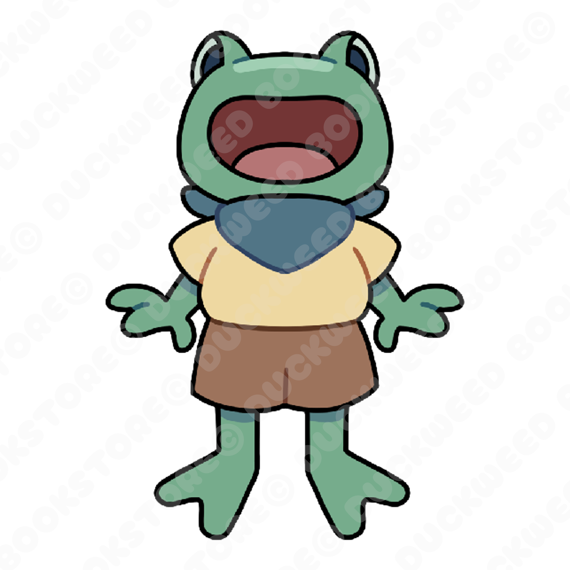A sticker of a green froglet with an open-mouth smile, wearing a blue bandana and yellow t-shirt that's been tucked in to their light brown shorts. Designed by Spencer Marco for Duckweed Bookstore.