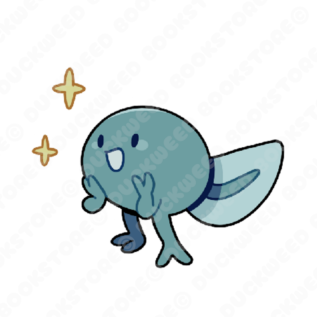 A sticker of a small blue tadpole with tiny legs and arms, with a big happy open-mouthed smile. Next to them are two four-pointed stars. Designed by Spencer Marco for Duckweed Bookstore.