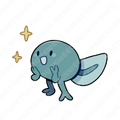 A sticker of a small blue tadpole with tiny legs and arms, with a big happy open-mouthed smile. Next to them are two four-pointed stars. Designed by Spencer Marco for Duckweed Bookstore.