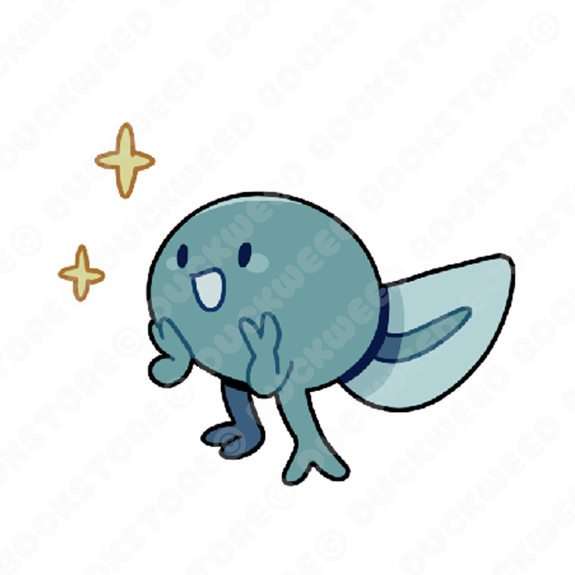 A sticker of a small blue tadpole with tiny legs and arms, with a big happy open-mouthed smile. Next to them are two four-pointed stars. Designed by Spencer Marco for Duckweed Bookstore.
