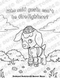 Colouring page of a goat wearing firefighting gear with the text "Who said goats can't be firefighters?" At the bottom reads "Spencer Marco, Duckweed Bookstore©". Designed by Spencer Marco for Duckweed Bookstore.